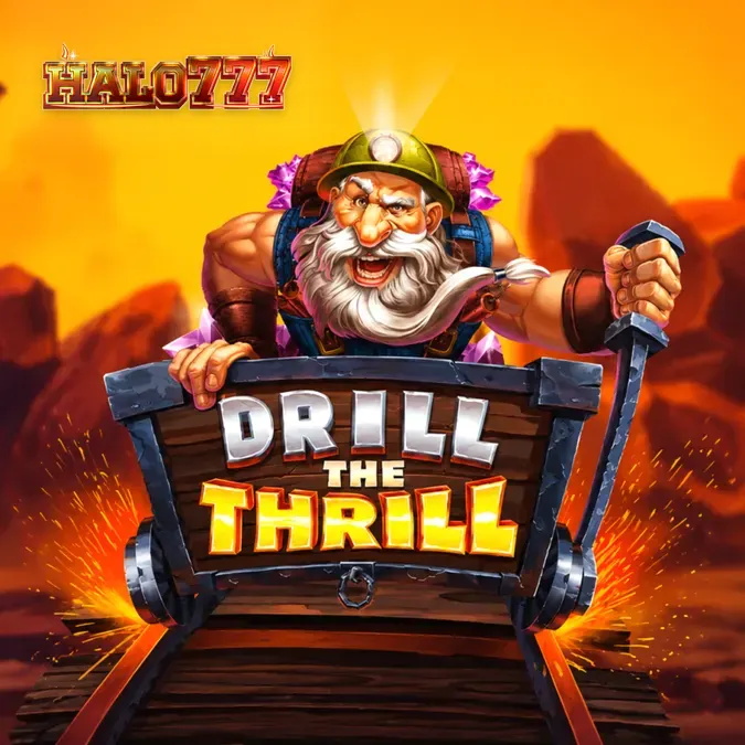 Tampilan visual slot Drill the Thrill dengan tema pertambangan dan simbol permata.